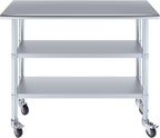 AmGood Stainless Steel Work Table with 2 Shelves and Casters | Metal Utility Table On Wheels (Stainless Steel Work Table with 2 Shelves + Casters, 48" Long x 18" Deep)