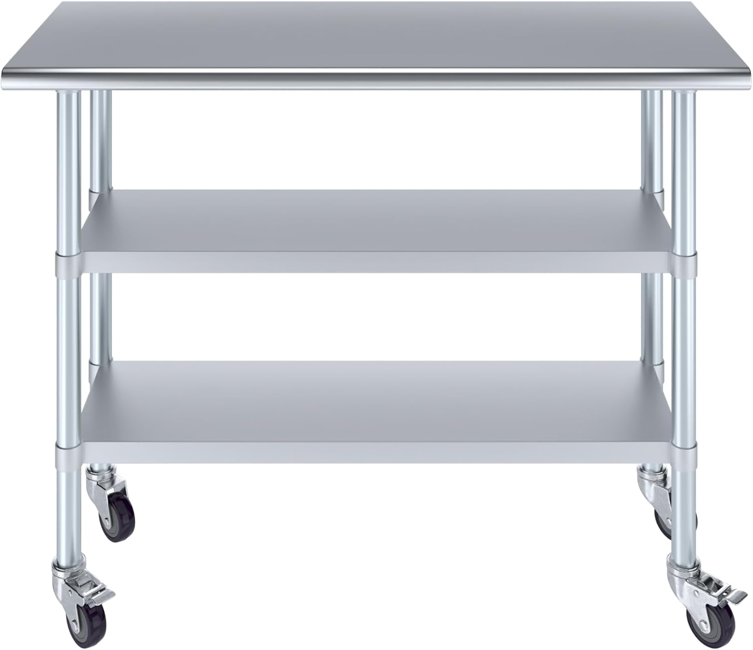 AmGood Stainless Steel Work Table with 2 Shelves and Casters | Metal Utility Table On Wheels (Stainless Steel Work Table with 2 Shelves + Casters, 48" Long x 18" Deep)