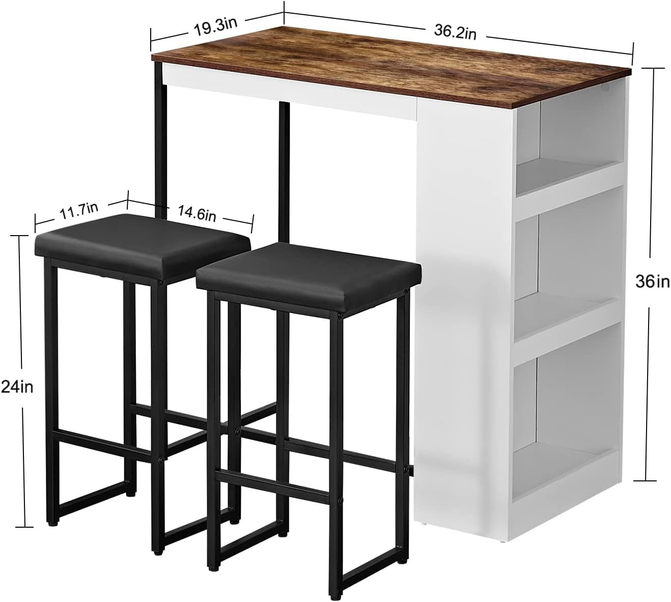 Panana 3 Piece Dining Table Set Kitchen Bar Table with Two Stool Storage Shelves Wood Counter Height Table Top with Sew Kerf Finish Dining Room Home