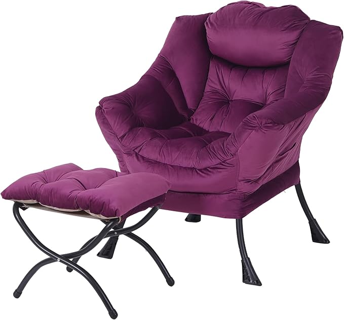 Tiita Lazy Chair with Ottoman, Modern Large Accent Lounge Armchair, Comfy Leisure Sofa Reading Chair with Footrest for Bedroom, Living Room, Dorm Rooms, Garden and Courtyard, Velvet Dark Purple