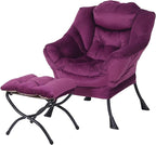 Tiita Lazy Chair with Ottoman, Modern Large Accent Lounge Armchair, Comfy Leisure Sofa Reading Chair with Footrest for Bedroom, Living Room, Dorm Rooms, Garden and Courtyard, Velvet Dark Purple