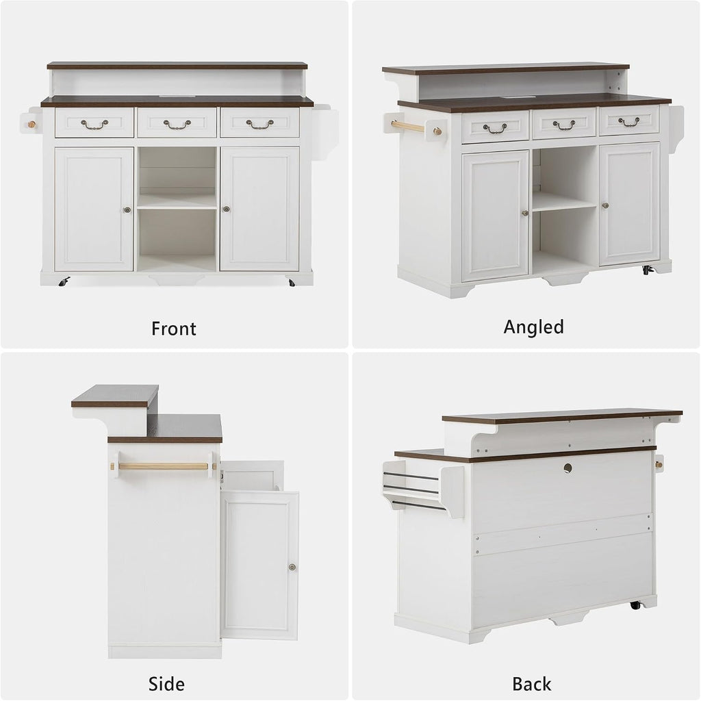 53.2" Two-Tier Kitchen Island with Power Outlet, Rustic White | Rolling Bar Cabinet with Storage, 4 Door Shelves, Adjustable Shelves, 3 Drawers for Kitchen