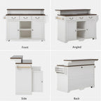 53.2" Two-Tier Kitchen Island with Power Outlet, Rustic White | Rolling Bar Cabinet with Storage, 4 Door Shelves, Adjustable Shelves, 3 Drawers for Kitchen