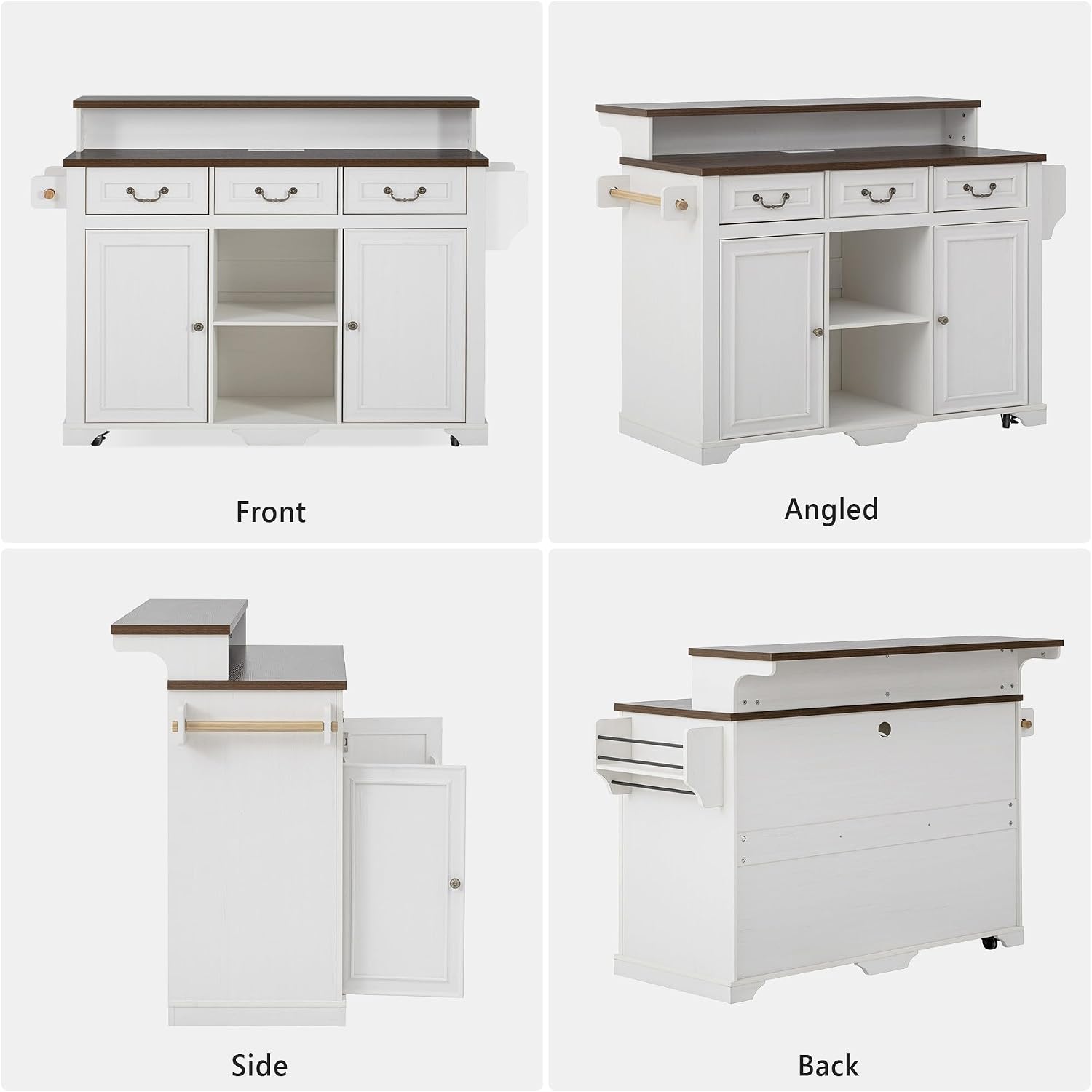 53.2" Two-Tier Kitchen Island with Power Outlet, Rustic White | Rolling Bar Cabinet with Storage, 4 Door Shelves, Adjustable Shelves, 3 Drawers for Kitchen