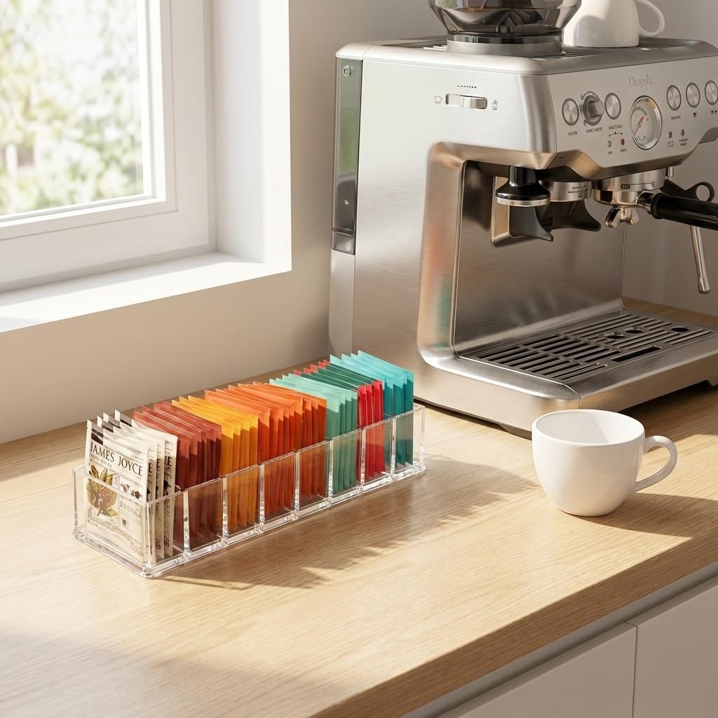 Tea Bag Organizer Box with Compartments, Tea Storage Container for Kitchen Countertop, Clear Tea Holder for Tea Bags, Coffee, Sugar Packets, Pantry Organizer
