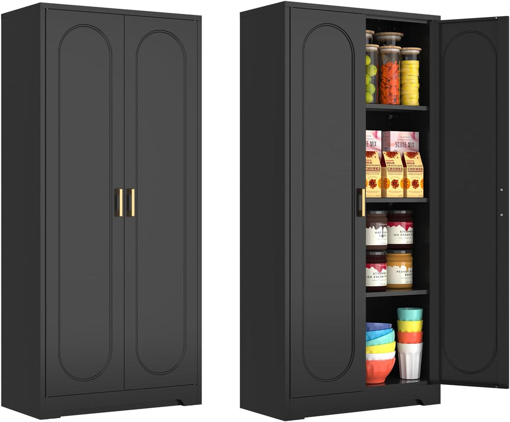 Polup 60" Black Metal Kitchen Pantry Storage Cabinet with Doors and Shel...