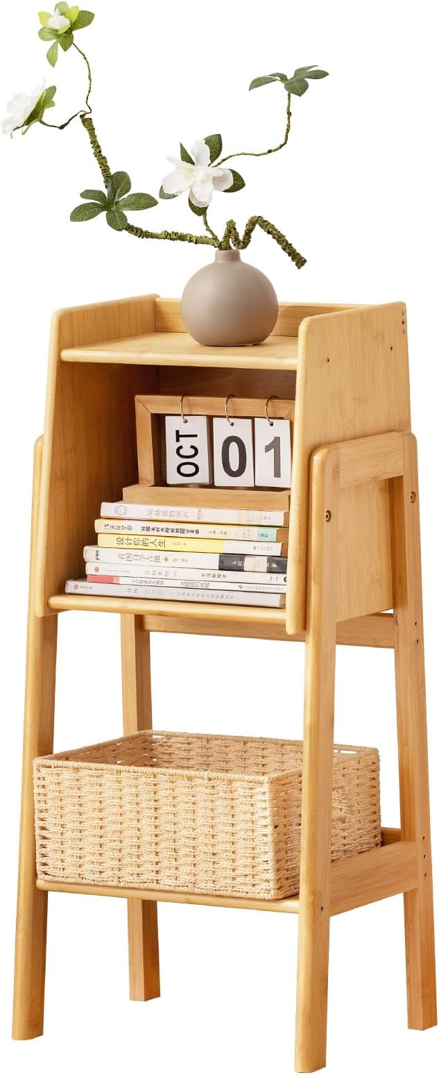 Welnow Bamboo Bookcase with Cabinet, Natural End Table with 1-Tier Storage Sh...