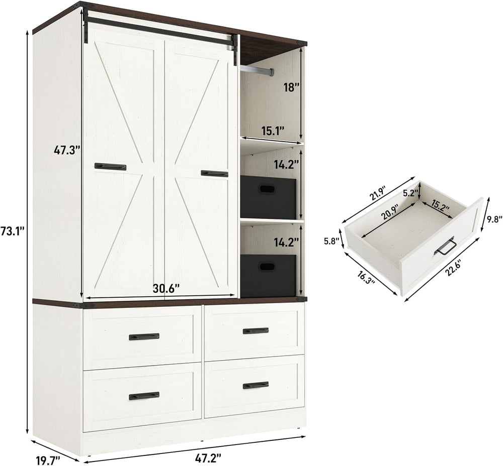 Farmhouse 3 Doors Armoire Wardrobe Closet w/Folding Sliding Barn Door and Lig...