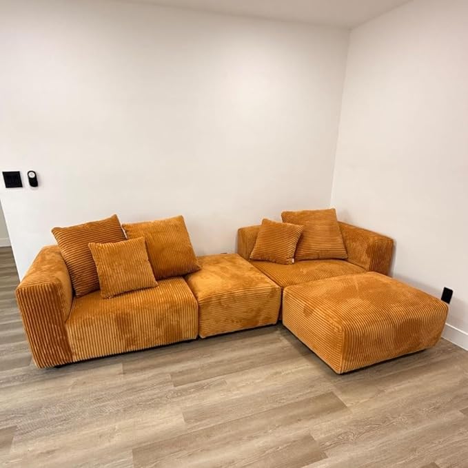 Acanva Corduroy Convertible Modular L Shaped Sectional Sofa, 4 Seater Free Combination Corner Couch, Convertible to DayBed, Wide Loveseat with Moveable Ottomans for Small Spaces, Sleeper Bed, Yellow