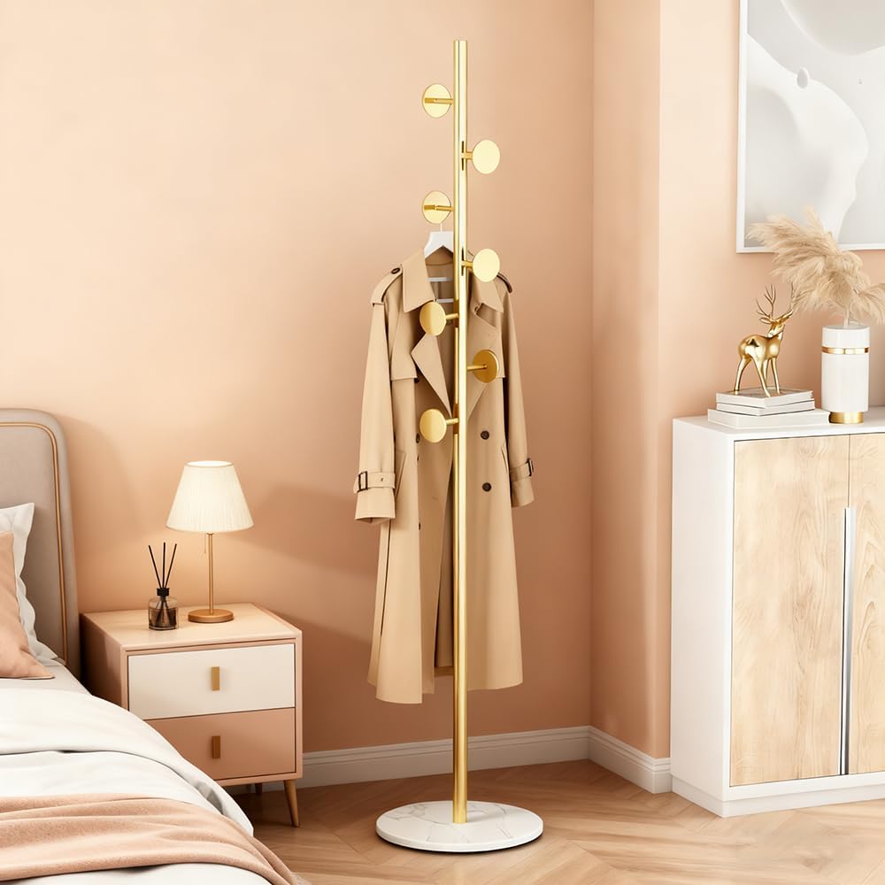 Coat Rack Freestanding with Marble Rock Slab Base, Heavy Duty Sturdy Stable Metal Tree Clothes Racks with 7 Staggered Round Hooks, Coat Hanger for Clothing Hats Bags Purses, for Room Entryway Bedroom
