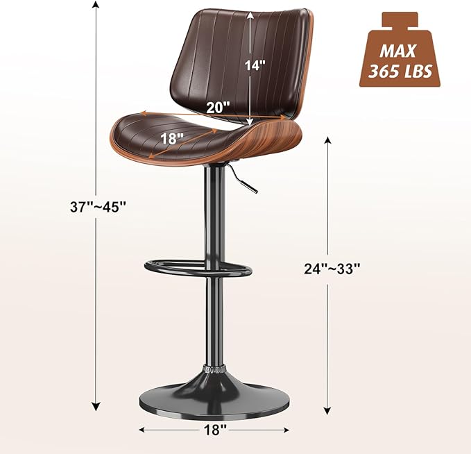Swivel Bar Stools Set of 3, Adjustable Bentwood Barstools for Kitchen Counter, Modern PU Leather Upholstered Bar Chair with Back and Footrest, for Kitchen Island, Bar, Dining Room, Brown