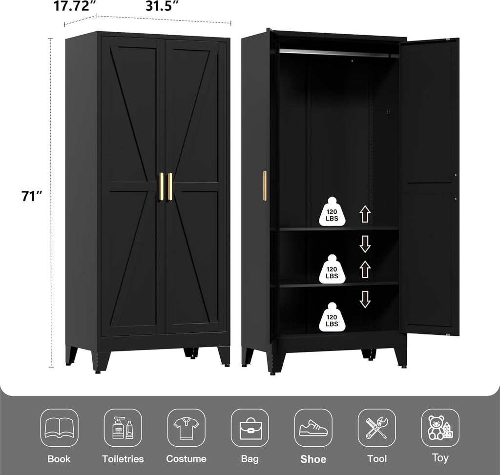 71" Tall Metal Wardrobe Closet with Adjustable Shelves and Hanging Rod, 2 Doors Free Standing Armoire Wardrobe Cabinet for Bedroom, Office, Laundry Room, Black