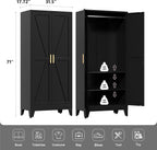 71" Tall Metal Wardrobe Closet with Adjustable Shelves and Hanging Rod, 2 Doors Free Standing Armoire Wardrobe Cabinet for Bedroom, Office, Laundry Room, Black
