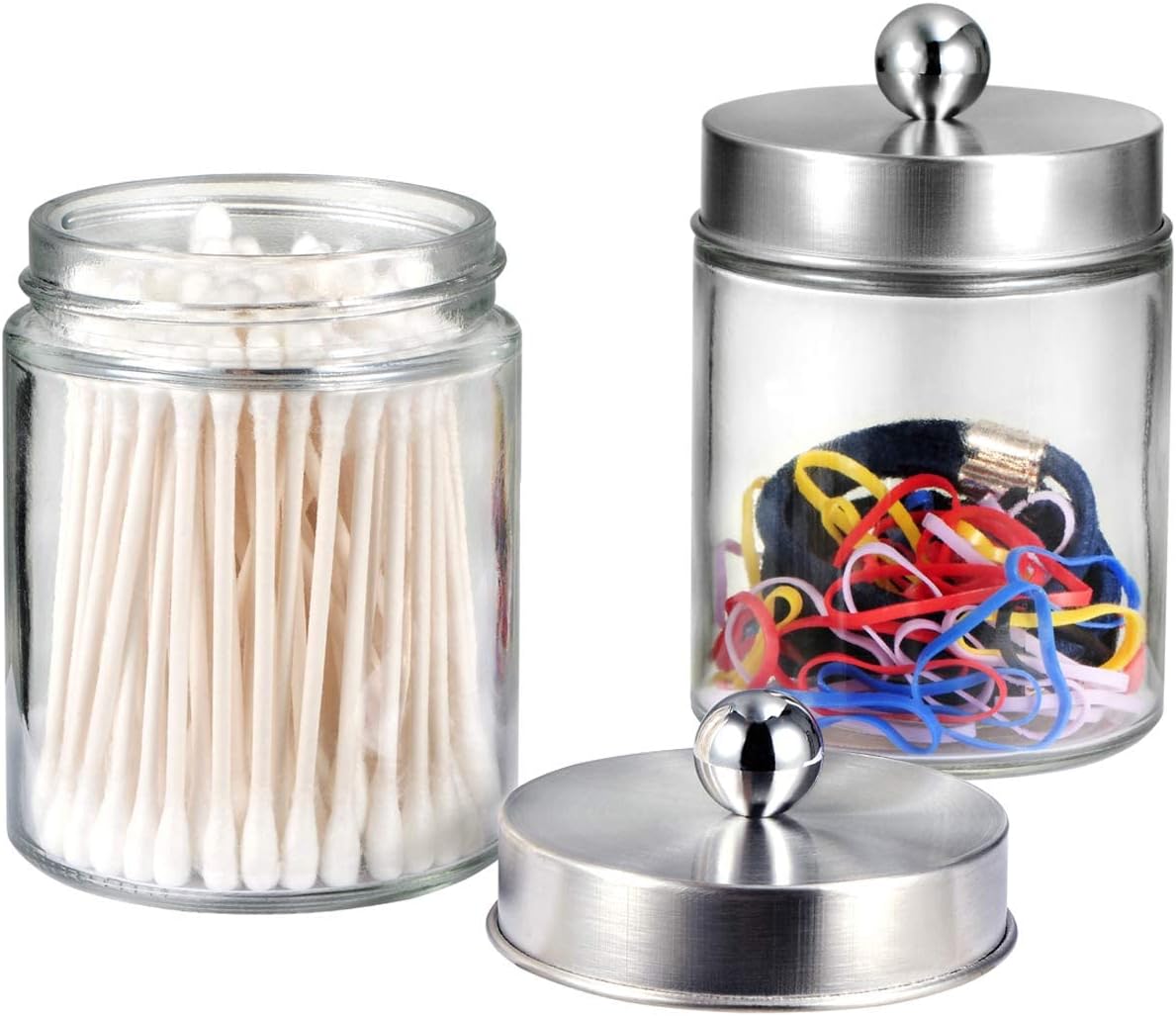 Amolliar 6Pc Apothecary Jars Bathroom Vanity Organizer- Rustic Farmhouse Decor Storage Canister&Stainless Steel Lids- Qtip Dispenser for Q-Tips,Cotton Swabs,Rounds,Ball,Flossers (Brushed Nickel)