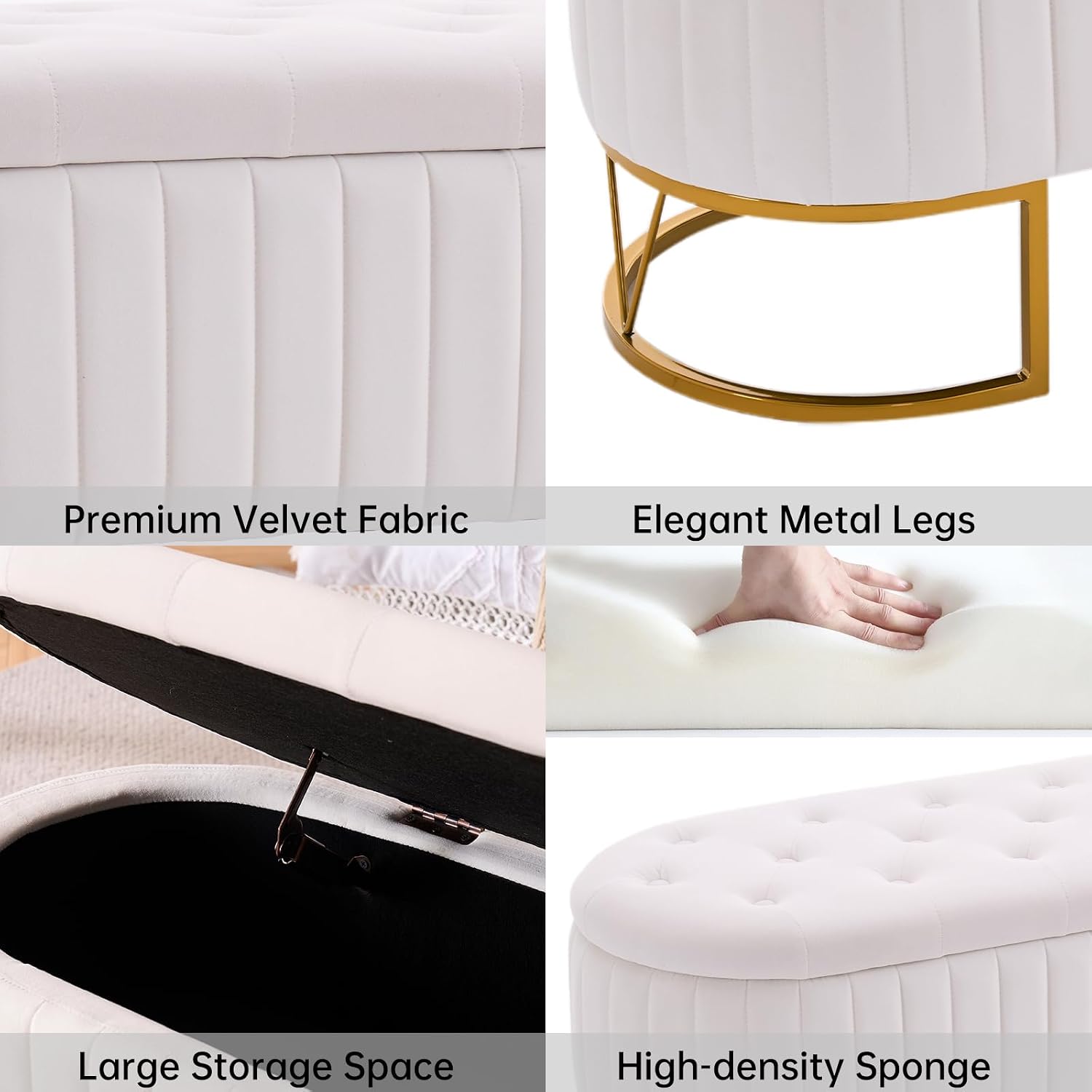 Tufted Storage Ottoman Bedroom Bench, 46" End of Bed Bench with Gold Metal Legs, Upholstered Footrest Stool for Dining, Living Room, Entryway and Hallway, Ivory