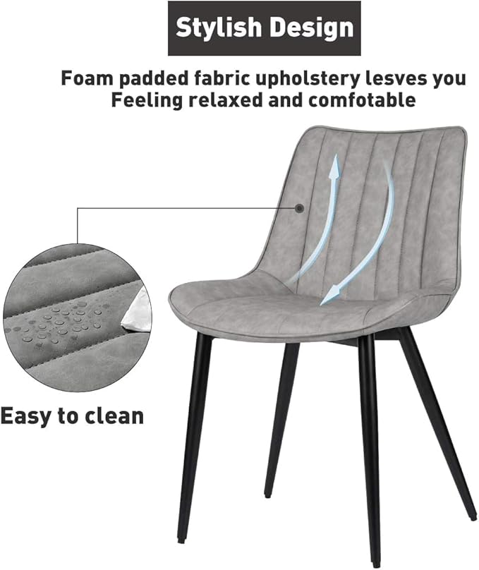 6 PCS Faux Leather Dining Chairs, Mid Century Modern Leisure Upholstered Chair with Metal Legs for Kitchen Living Room Gray