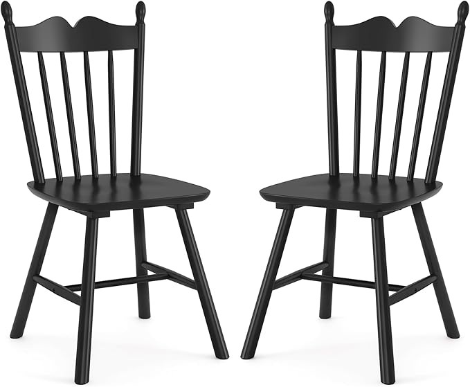 LUE BONA Black Dining Chairs Set of 2, Windsor Wooden Dining Chair with Thickened Backrest, Morden and Mid Century Kitchen Chairs for Dining Room Farmhouse, Weight Capacity 350 lbs
