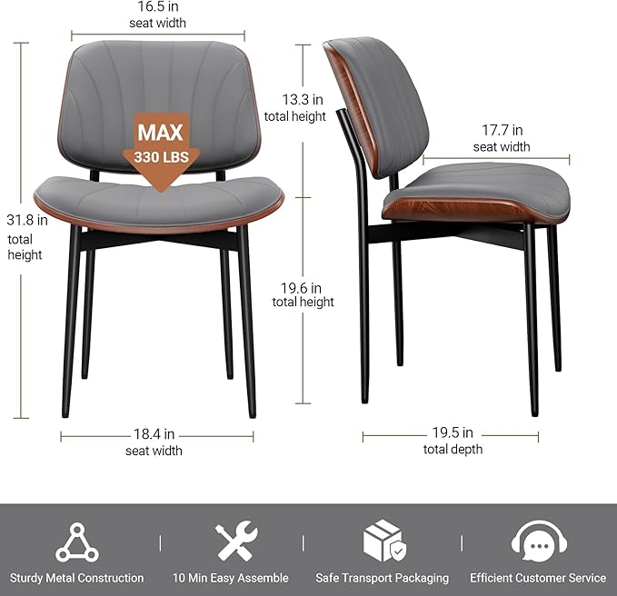 Dining Chairs Set of 2, Mid-Century Modern Upholstered PU Leather Chairs with Walnut Back and Metal Legs Adjustable Feet for Kitchen Dining Room, Dark Gray Shell Strips