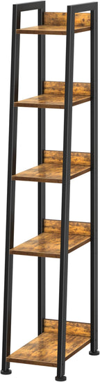 Narrow Ladder Shelf for Small Spaces - 5 Tier Thin Bookshelf Skinny Book Shelves Slim Bookshelves 60 inch Tall, Farmhouse Brown (02BN)