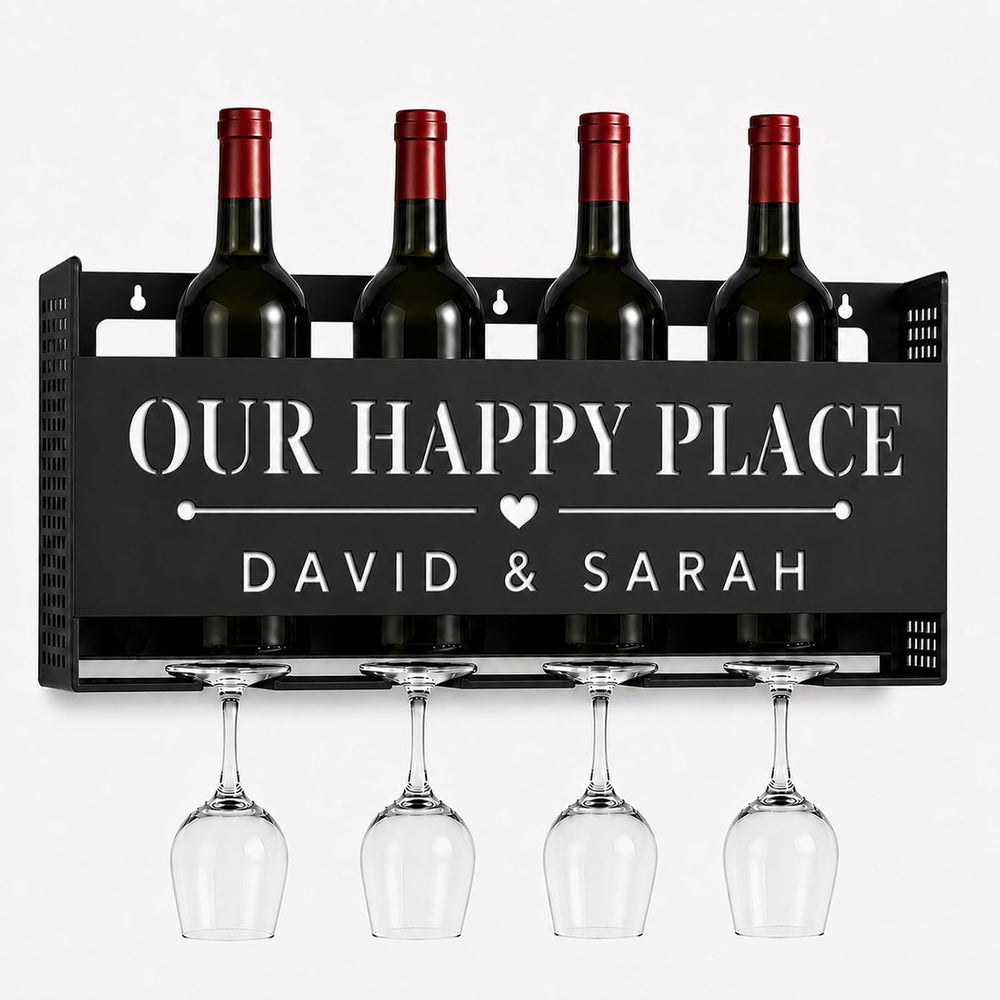 Personalized Wine Rack Wall Mounted with Glass Holder, Custom Name Wine Bottl...