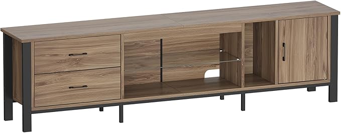 Bestier TV Stand for 75/80/85 inch TV, LED Gaming Entertainment Center, Modern TV Cabinet with Glass Shelves for Living Room, Media Console with 2 Storage Drawers & Cabinets for Bedroom, Pinewood