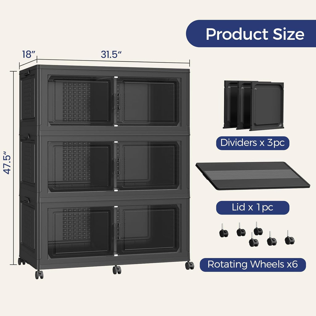 150Gal Stackable Storage Bins with Lid, 600Qt Extra Large Collapsible Storage Box with Wheels, Dividers, Folding Plastic Cabinet Closet Organizers for Home Kitchen Office Dorm, 3Pack Black