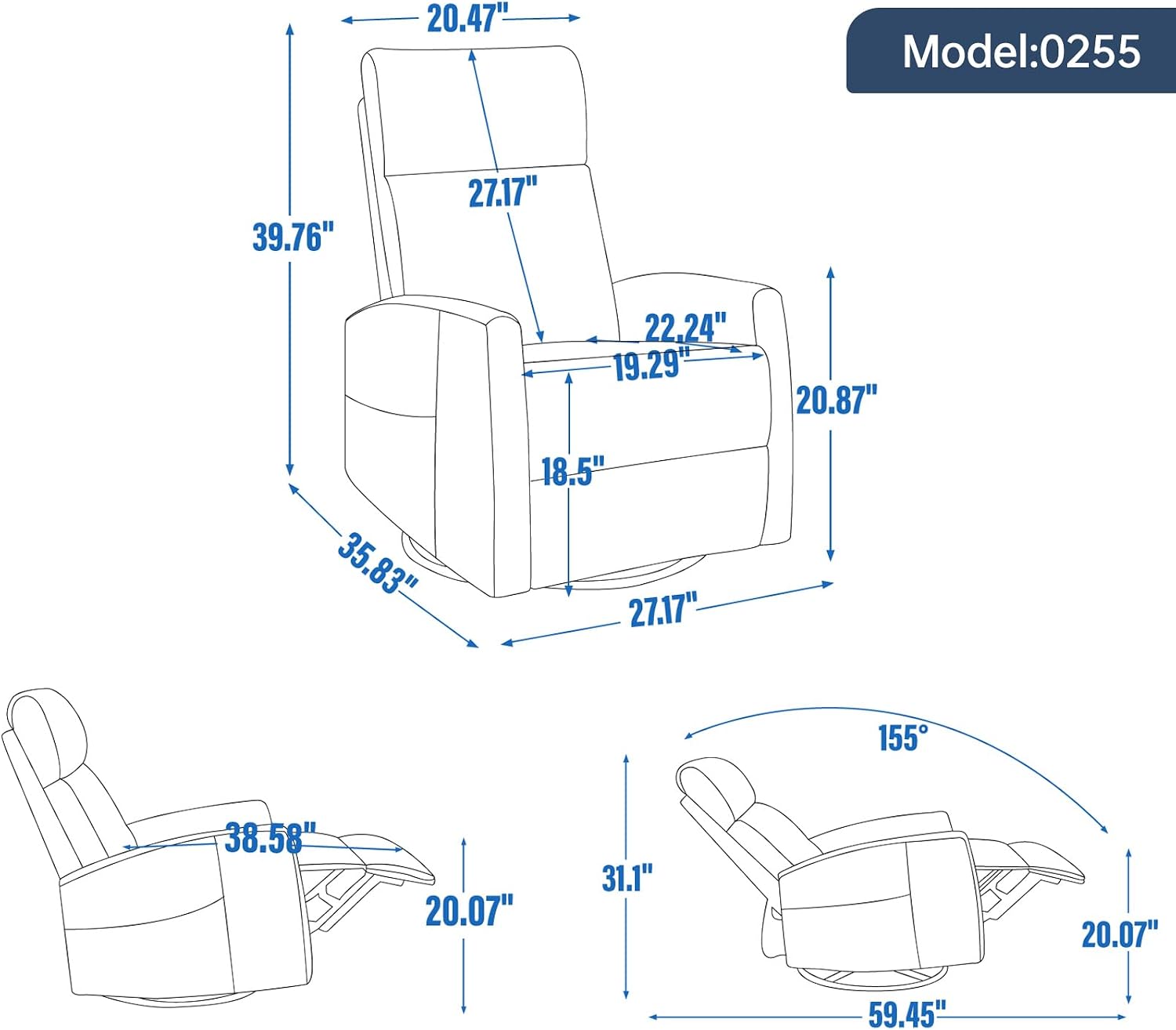 Trustyue Swivel Rocker Recliner Chair, 360° Swivel Recliner with Heat and Massage, Rocker Recliner Nursery Glider Chair with Side Pockets for Living Room (Grey, Fabric)