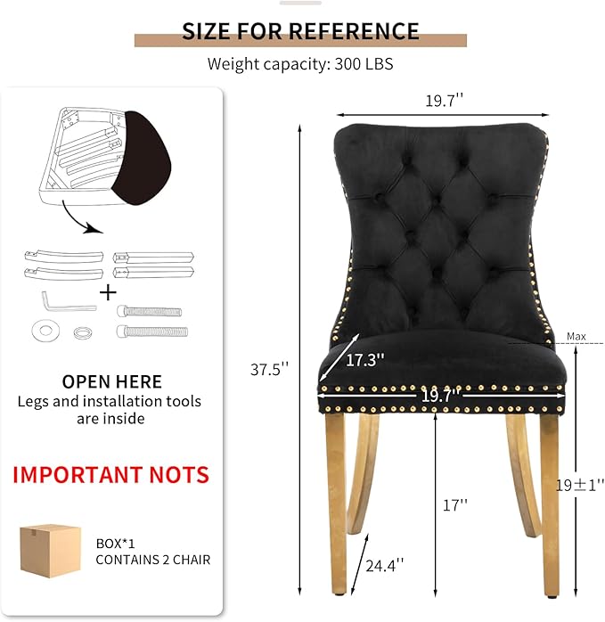 Mid Century Modern Dining Chairs Set of 2, Black Velvet Upholstered Tufted Back, Kitchen & Dining Room Chairs, Gold Metal Legs, Nailhead Trim, Sillas para Comedor (Black, 2 Pcs)