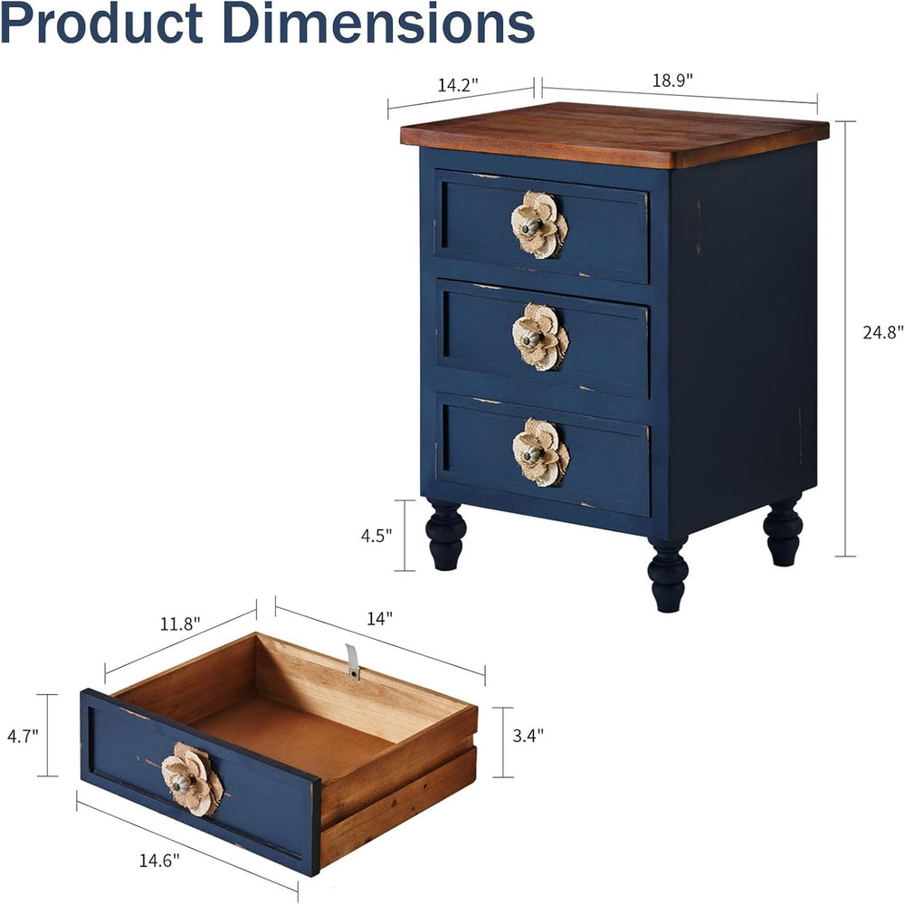 Vintage Farmhouse End Table with Floral Knobs – 19" Rustic Nightstand wi...
