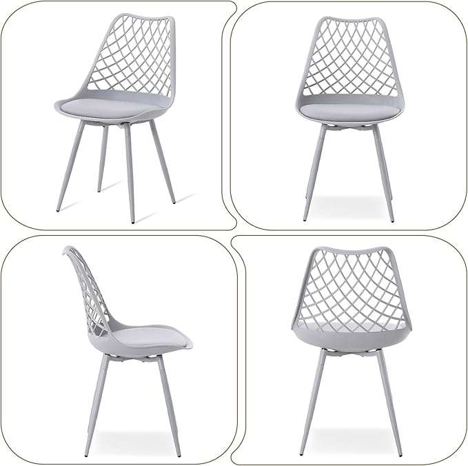 Mid Century Plastic Dining Chair Set of 4 - Padded Tulip Chairs for Kitchen Living Room Mesh Design - Simple Modern Side Chair with PU Cushion for Indoor Outdoor Bistro Patio Cafes -Gray