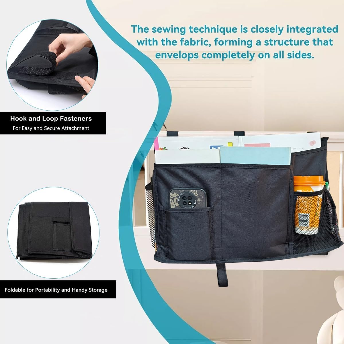 Bedside Caddy Storage Organizer Bunk Bed Hanging Storage Bag for Crib Hospital Beds Dorm Rooms with 8 pockets (Black)