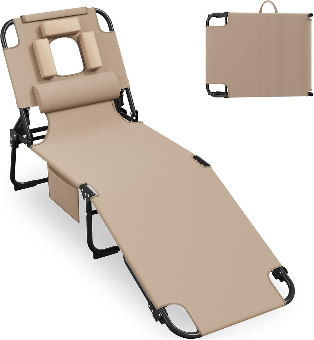 400lbs Tanning Chair with Face Hole, 5-Position Folding Chaise Lounge Chair w...