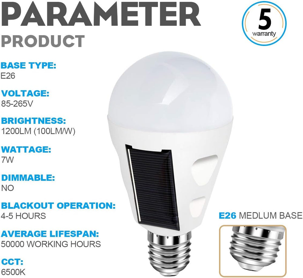 4 Pack LED Solar Emergency Light Bulbs for Home Power Failure, E26/E27 7W Rec...