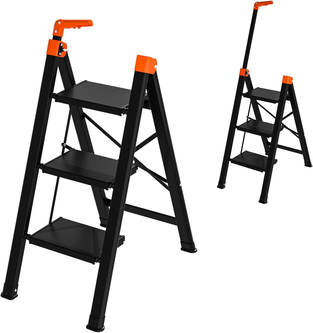 3 Step Ladder with Single Handrail, Retractable Handle 3 Folding Step Stool