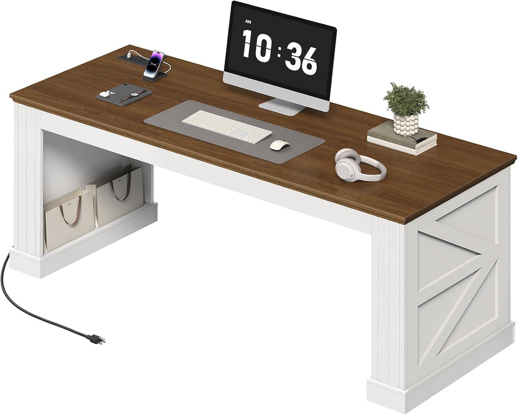 63-Inch Farmhouse Executive Desk, Long Computer Desk with Built-in Charging Station & Bottom Storage, Home Office Writing Study Desk for Bedroom, Living Room, White and Walnut