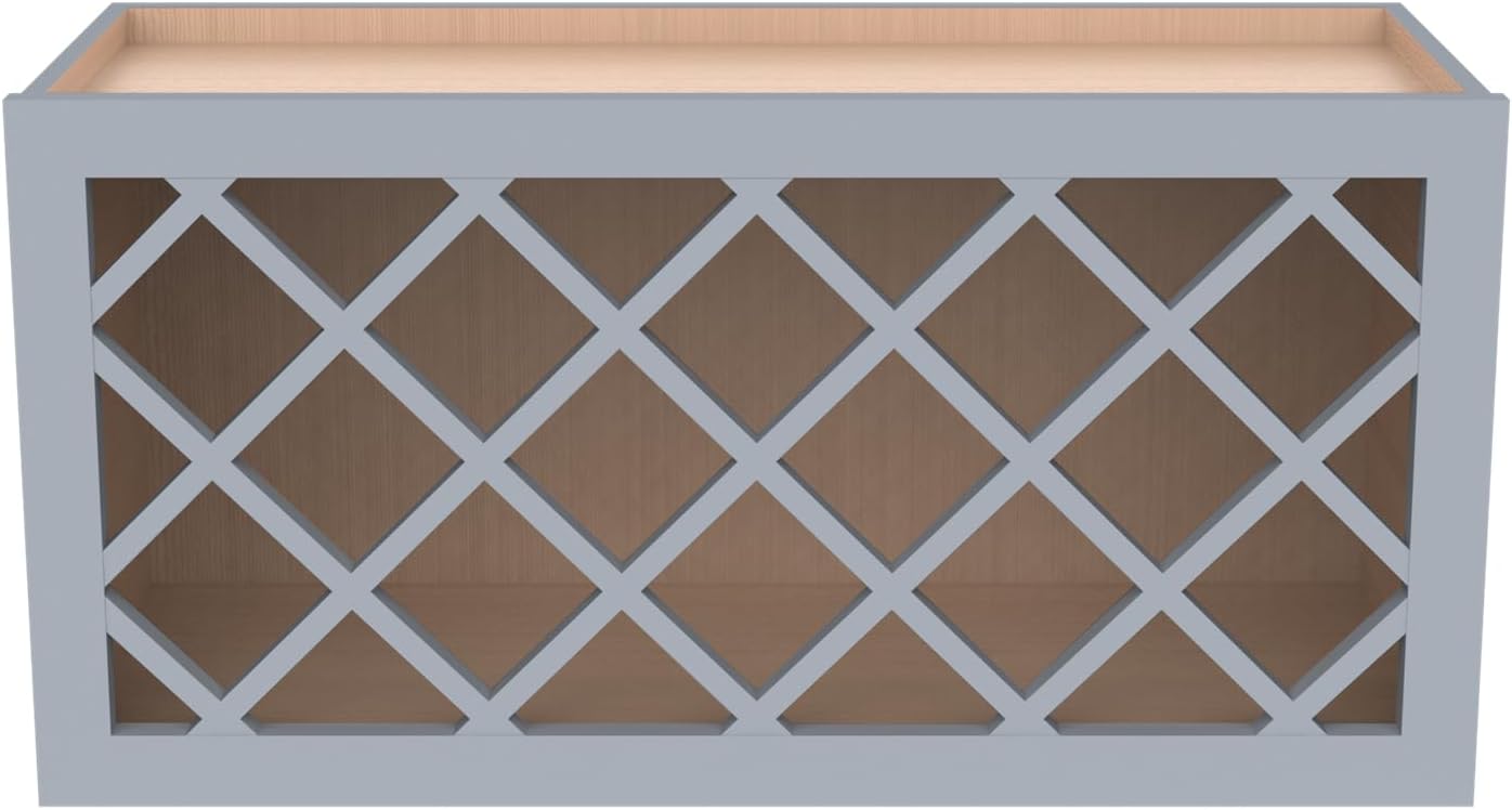 Solid Wood RTA Wine Bottle Rack Wall Cabinet with Lattice Panels Wine Holder Wine Storage Cabinet for Bar, Pantry, Wine Cellar Basement Countertop Mocha (Gray, 36”W × 12”D × 18”H), Sk-grey