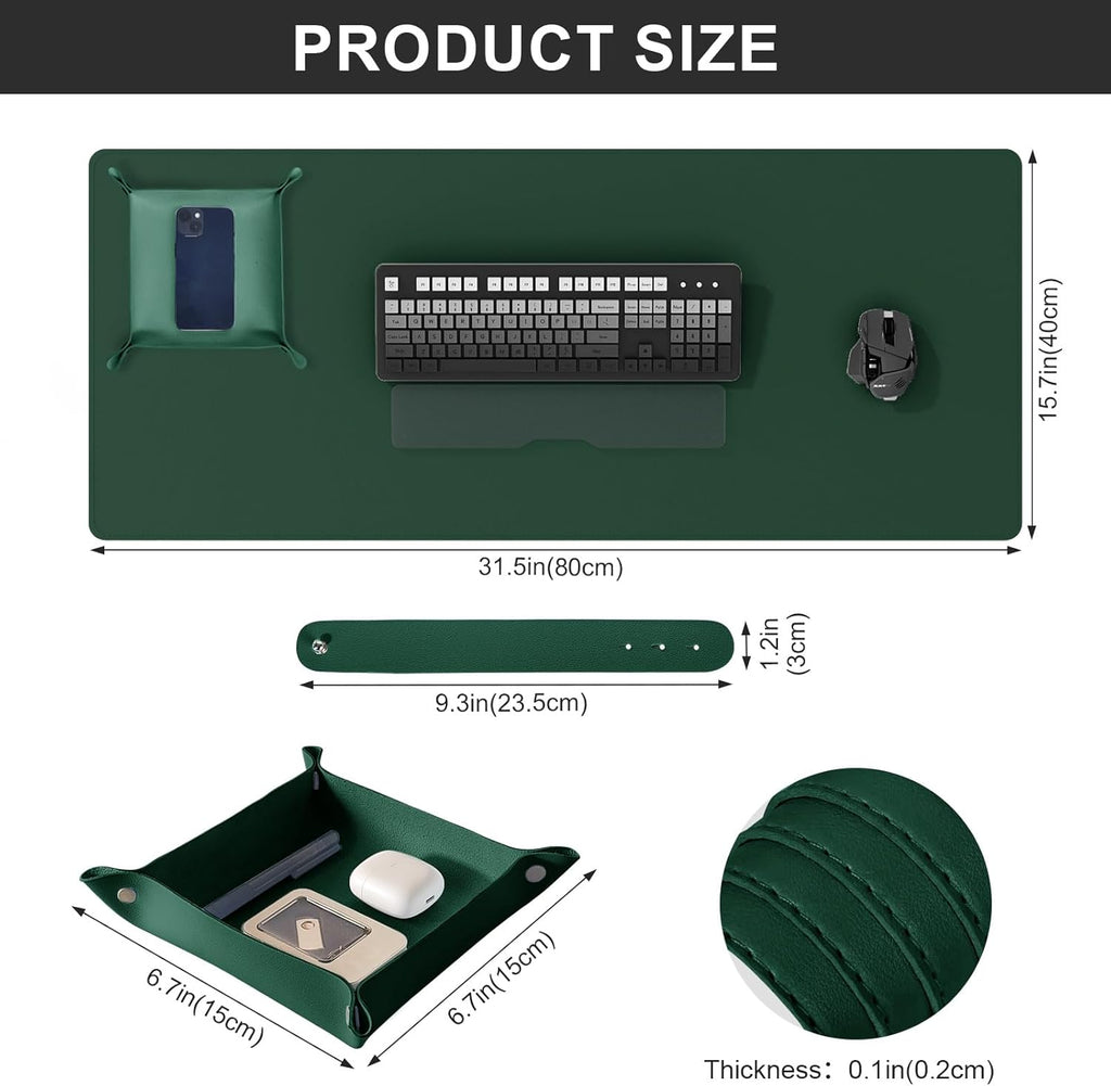 DAWNTREES Dual Sided Desk Mat,Leather Desk Pad,Cork Desk Mat Protector,with PU Leather Valet Tray Organizer,Large Mouse Pad,Desk Writing Pad for Office and Home(Dark Green 31.5"x15.8")