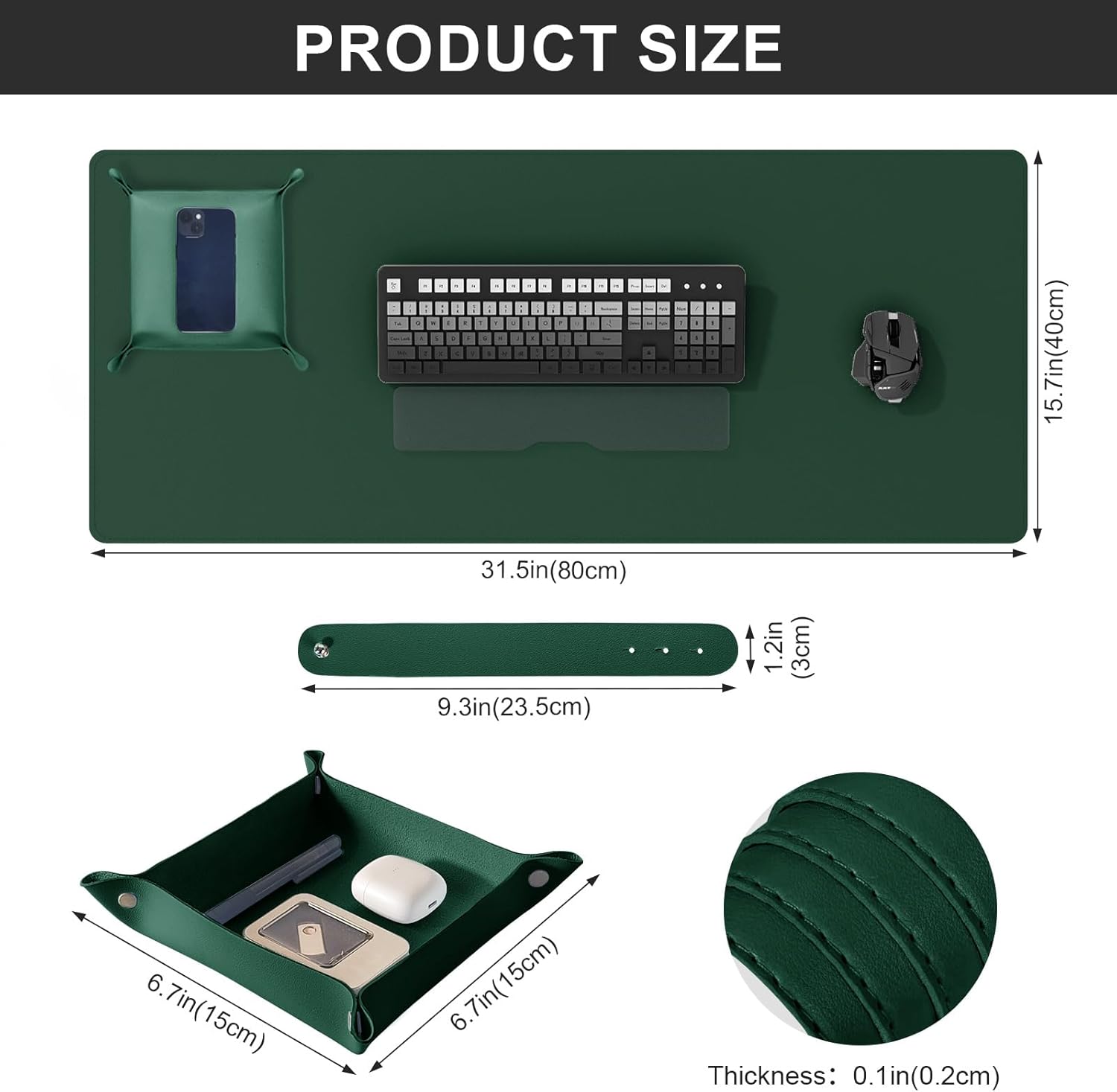 DAWNTREES Dual Sided Desk Mat,Leather Desk Pad,Cork Desk Mat Protector,with PU Leather Valet Tray Organizer,Large Mouse Pad,Desk Writing Pad for Office and Home(Dark Green 31.5"x15.8")