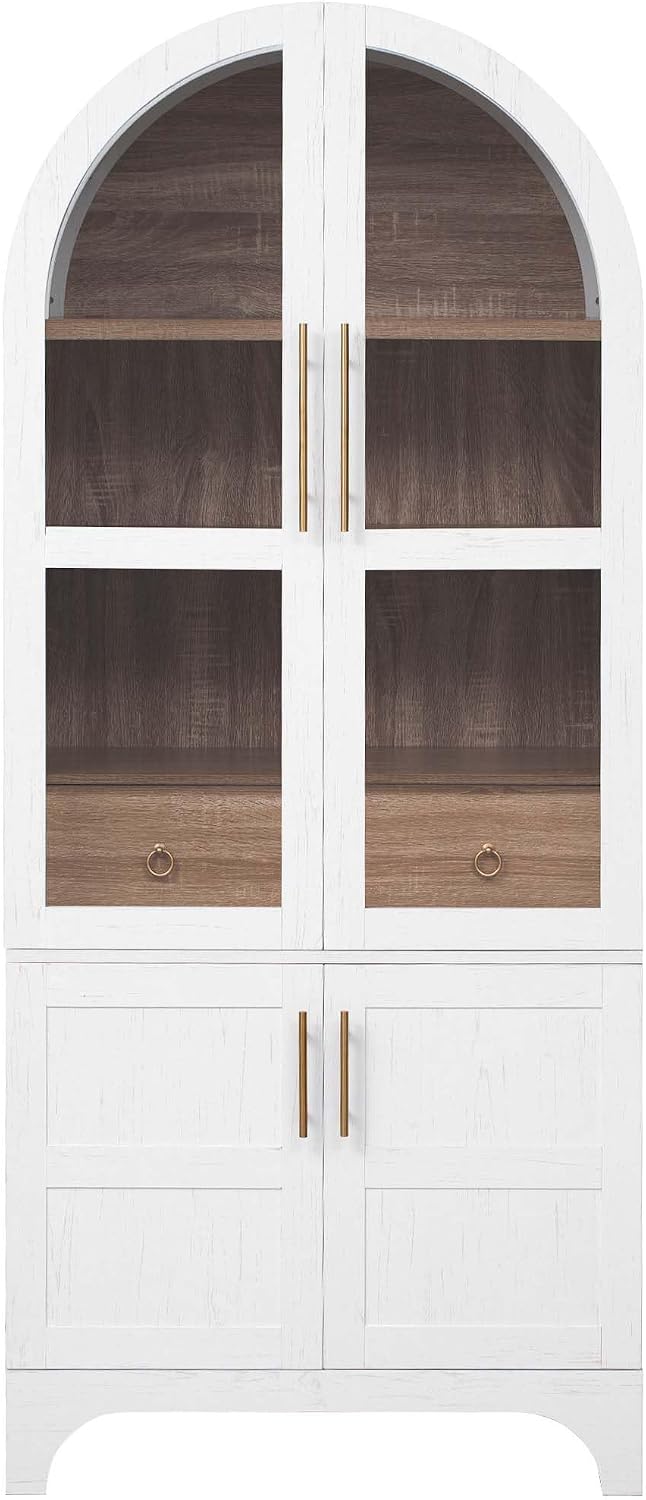 71" Tall Arched Cabinet with Glass Doors, Farmhouse Kitchen Storage Cabi...