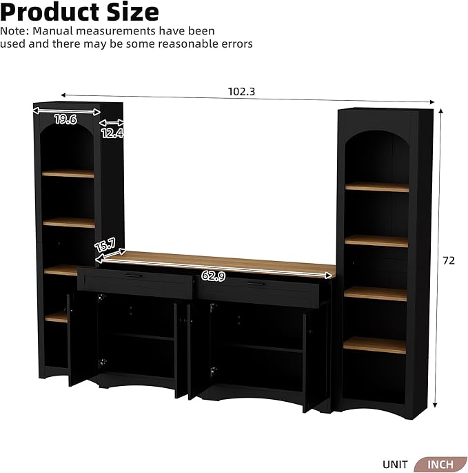 Merax Modern 3 Piece TV Stand with 2 Bookshelves for TVs up to 70'', Mid-Century Solid Wood Entertainment Center with Storage Cabinets, Practical Media Console for Living Room, Bedroom, Black