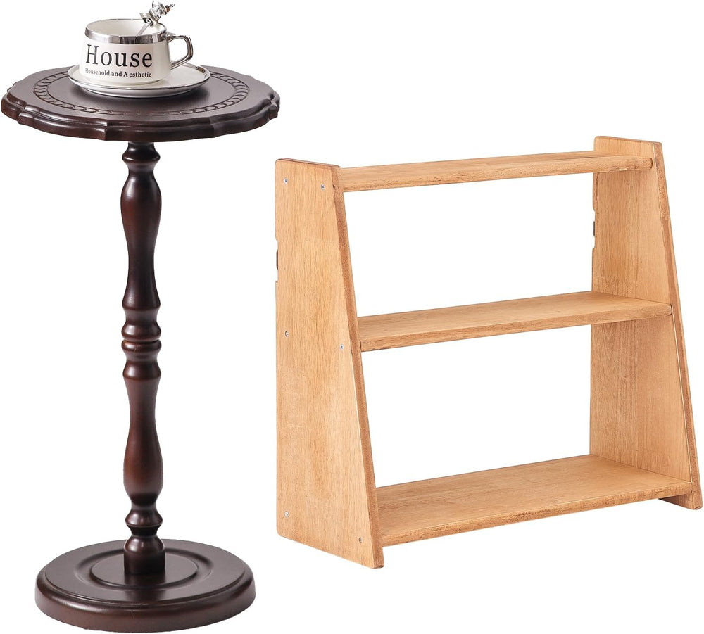 Solid Rubber Wood Spice Rack,Wood Round Side Table,Small Drink Table for Smal...