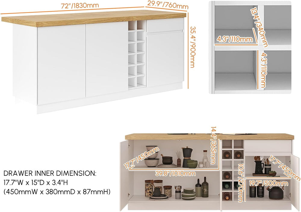 homary 72" Large Natural Kitchen Island with Storage & LED Lights, W...