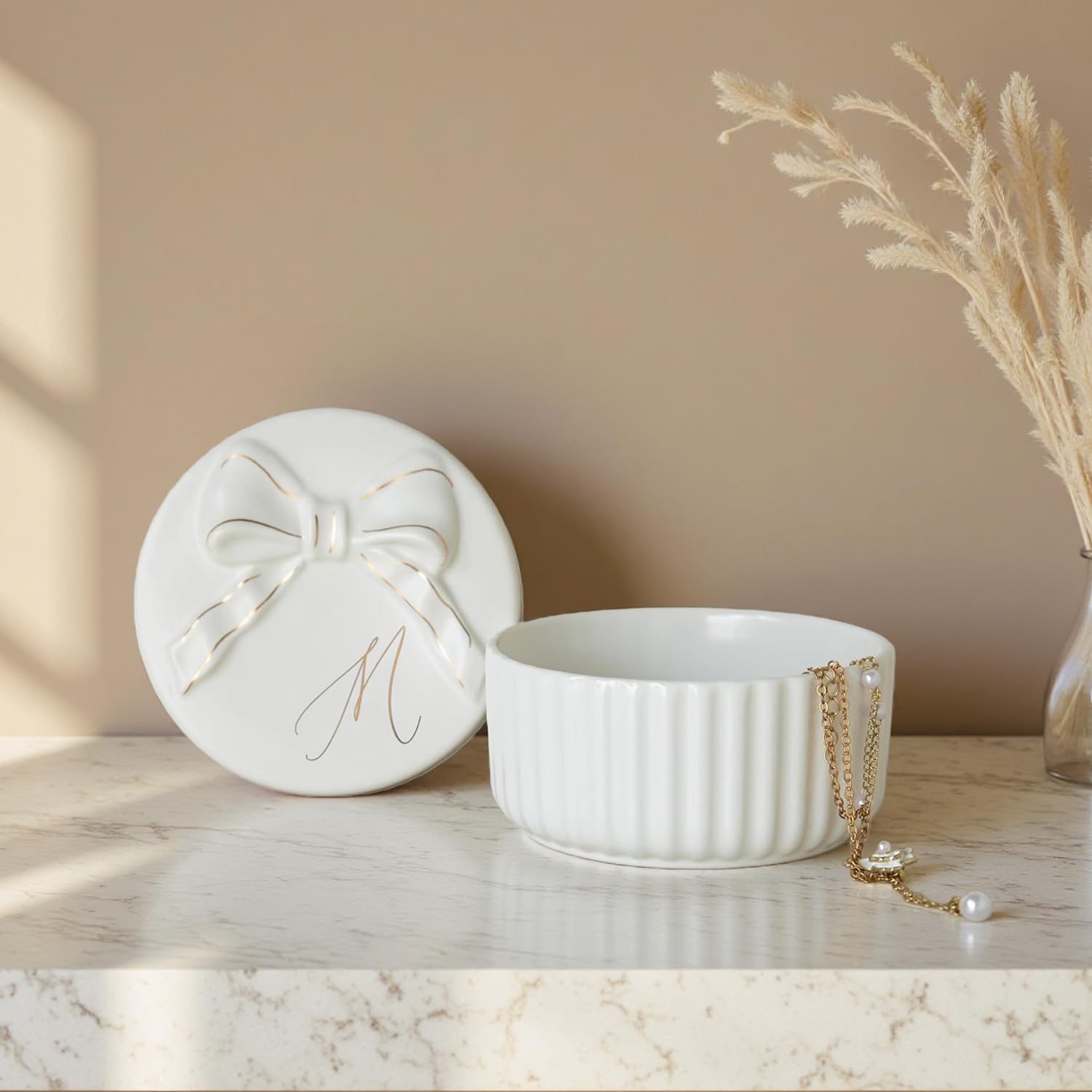 COLLECTIVE HOME Ceramic Jewelry Box with Bow, Nightstand Vanity Decor(M) | Jewelry Tray with Lid, Christmas Mother's Day Birthday Gifts for Women, Wedding, Bridal Shower, Bridesmaid Proposal Gifts