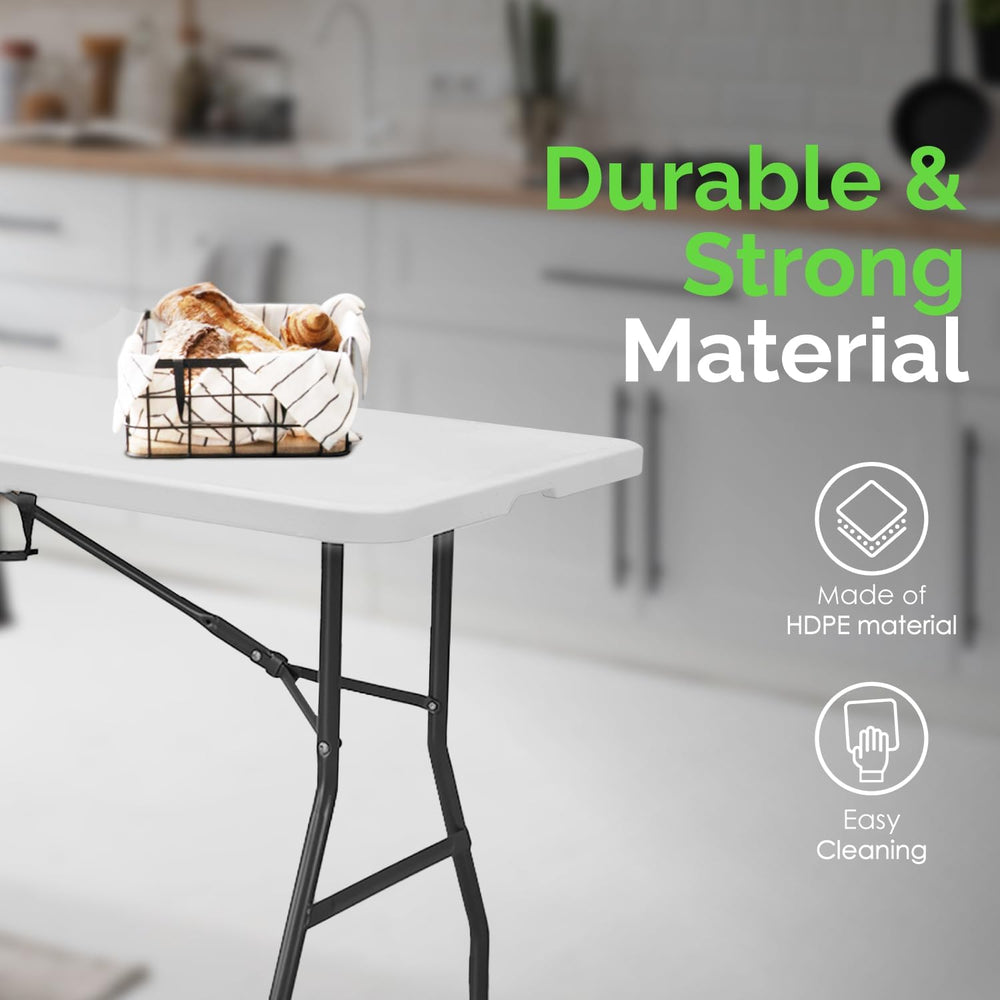 EconoHome White 8ft Folding Table with Handle | Heavy-Duty Foldable Table | P...