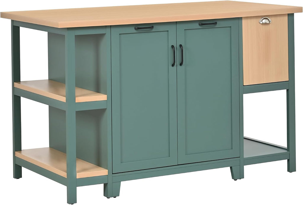 Christopher Knight Home Aaron 58" Kitchen Island with Storage, Modern Island Table for Kitchen, Storage Cabinet with Open Shelves, Wooden Kitchen Prep Table, Coffee Station Cabinet, Green+Natural