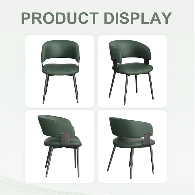 Modern Dining Chairs Set of 2, Faux Leather Upholstered Kitchen Chairs with Curved Back and Metal Legs, Mid Century Chairs for Dining Room, Kitchen, or Café (Green)