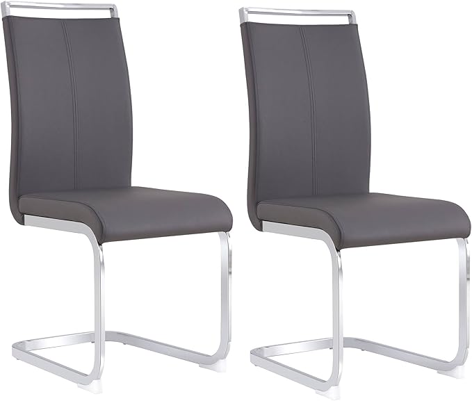 AZmac Modern Leather Dining Chairs Set of 2,Armless Kitchen Chairs,Dining Room Chairs with Upholstered Padded Seat and Sturdy Chrome Legs for Dining Room,Kitchen (Set of 2, Grey+PU Leather)