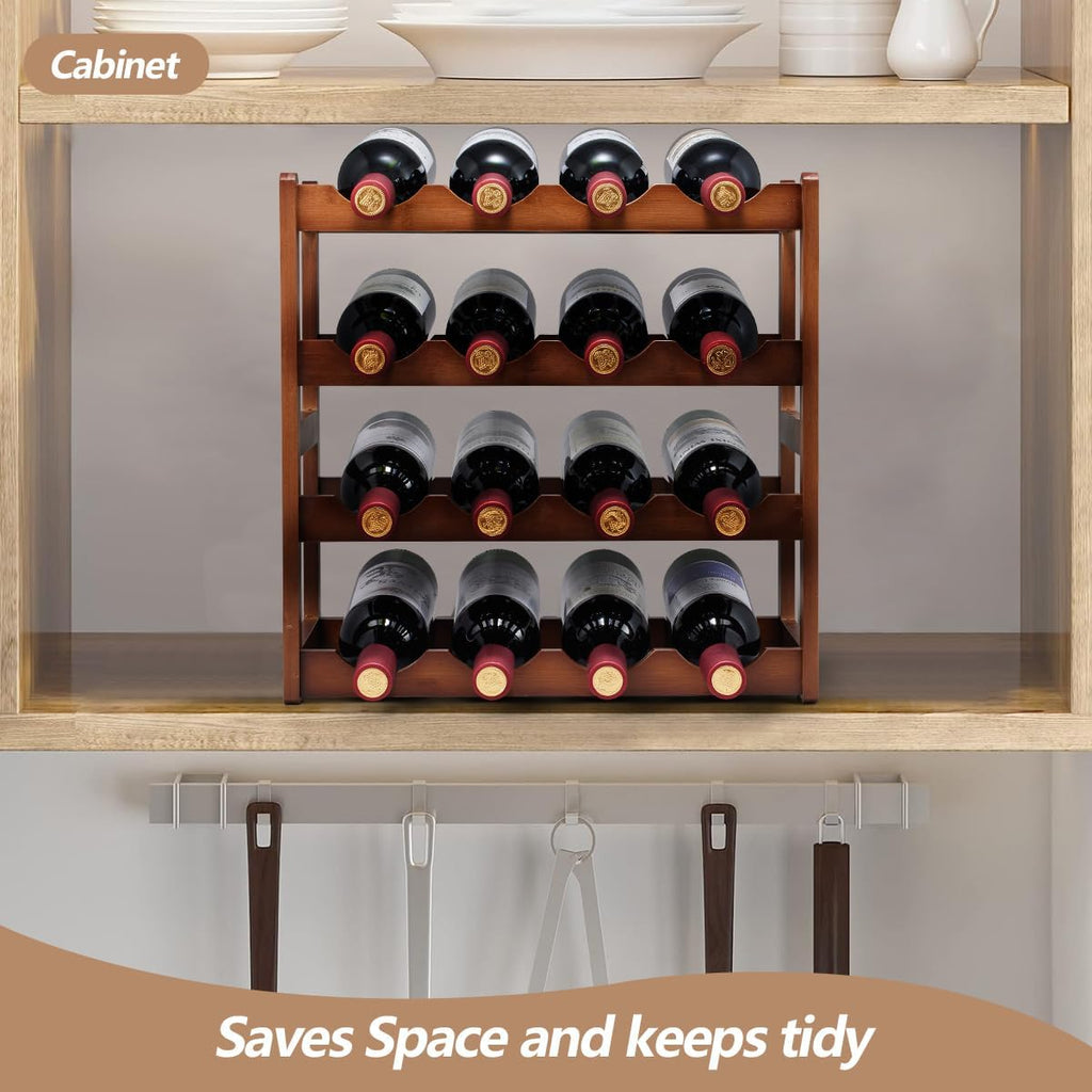 Bamboo Wine Rack,4 Tier, Wine Bottle Holder, Hold 16 Bottles for Home Kitchen, Dinging Room, Pantry, Cabinet, Bar