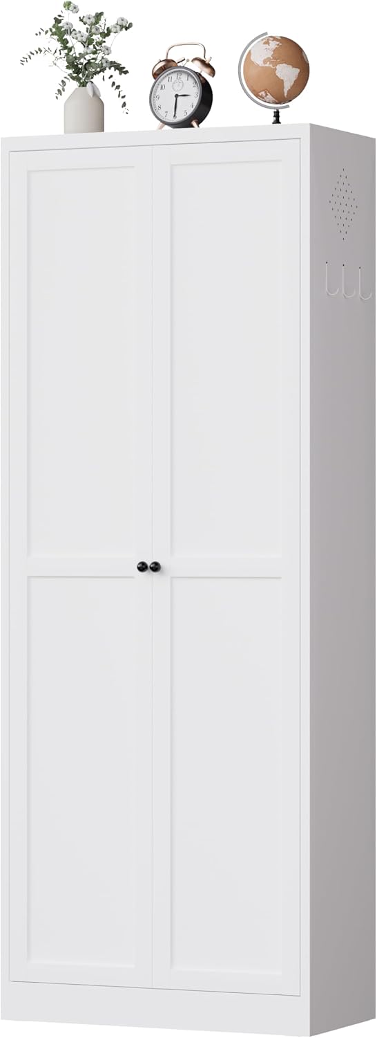 72" White Metal Kitchen Pantry Cabinet with Doors & 5 Adjustable She...