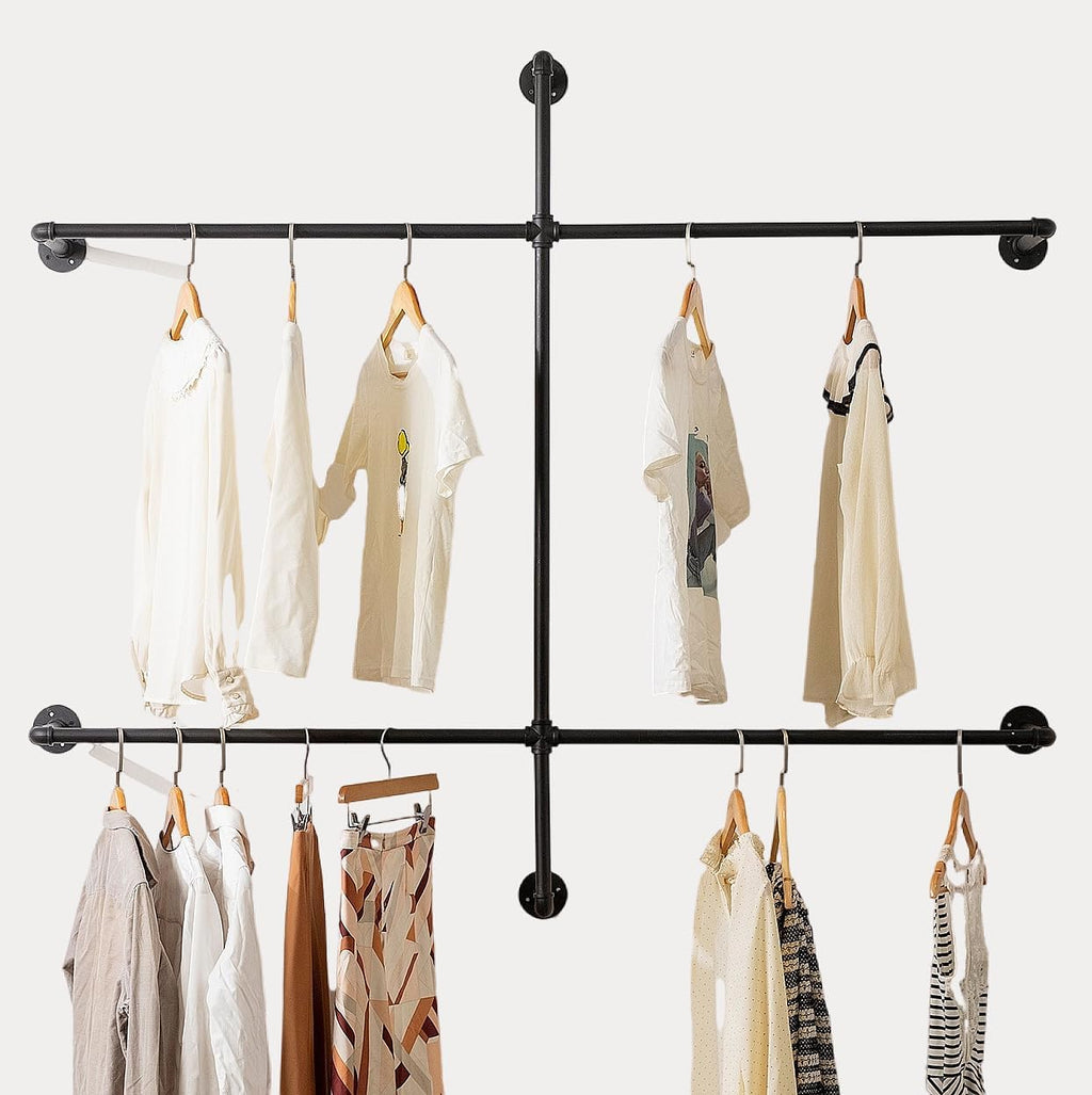 Industrial Pipe Clothing Rack - Wall Mounted Garment Rack as Walk-in Closet System. Sturdy Open Wardrobe for Hanging Clothes - Heavy Duty Clothes Rack with Four Hanging Rods for Home